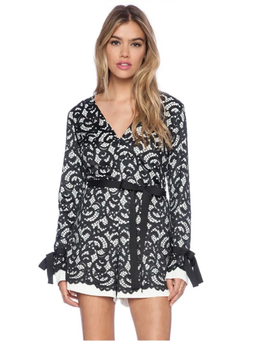 Alexis Black & White Lace-Overlay Wrap Robe with Ribbon Ties